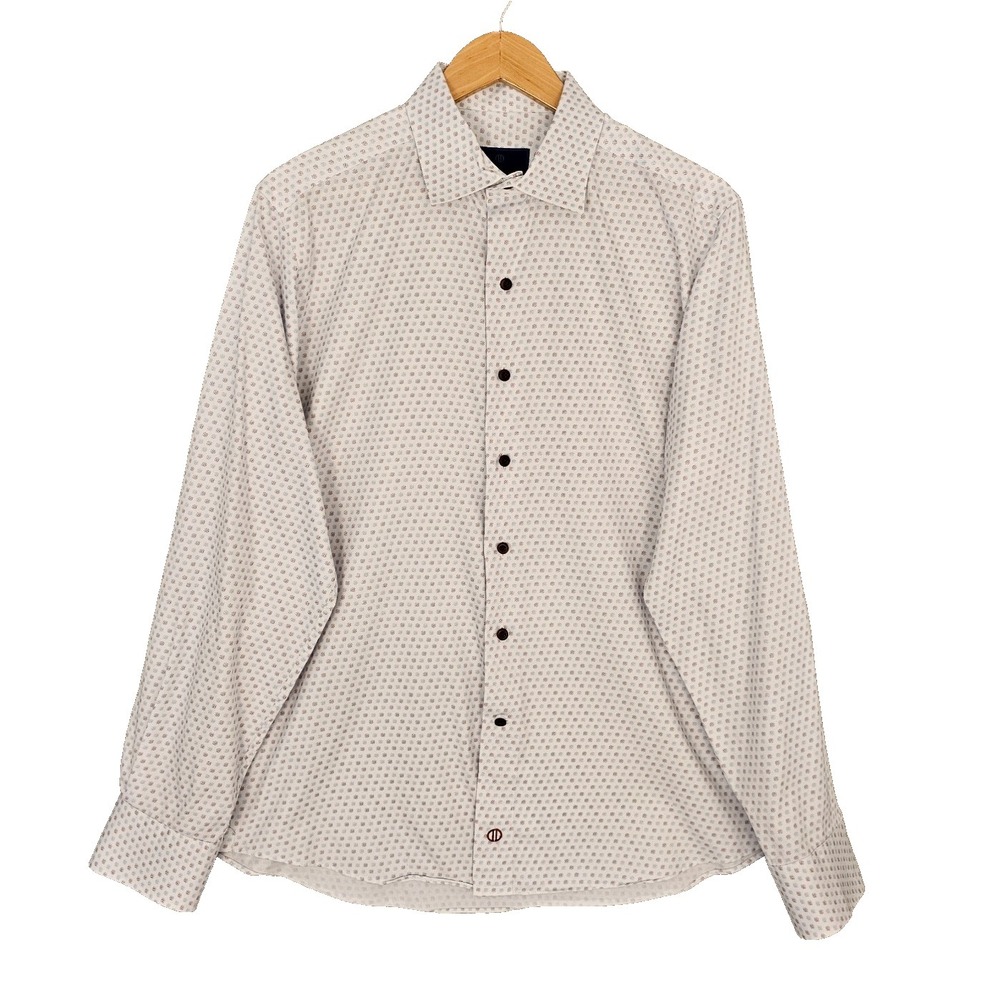 David Donahue Fusion Mens 16.5 L Dress Shirt‎ White Geometric Cotton Button Up